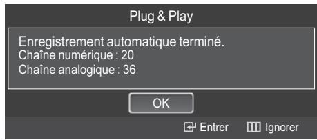Plug & Play Enregistrement automatique terminé. Chaîne numérique : 20 Chaîne analogique : 36 OK Entrer Ignorer