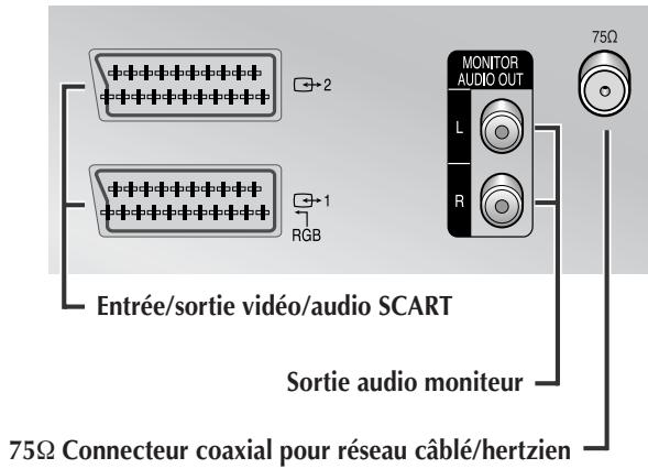 Entrée/sortie vidéo/audio SCART Sortie audio moniteur 75Ω Connecteur coaxial pour réseau câblé/hertzien MONITOR AUDIO OUT L R 2 1 RGB