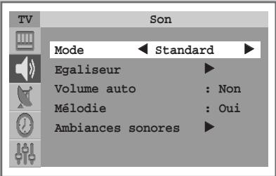TV Son Mode ← Standard ► Egaliseur ► Volume auto : Non Mélodie : Oui Ambiances sonores ►