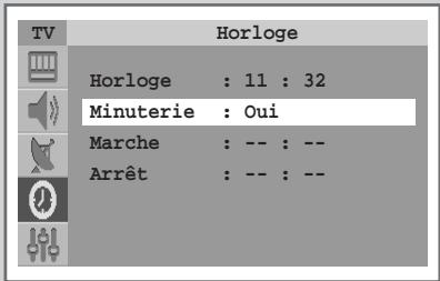 TV Horloge Horloge : 11 : 32 Minuterie : Oui Marche : -- : -- Arrêt : -- : --