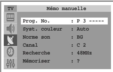 TV Mémo manuelle Prog. No. : P 3 ---- Syst. couleur : Auto Norme son : BG Canal : C 2 Recherche : 48MHz Mémoriser : ?