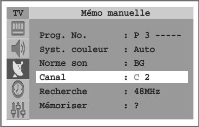 TV Mémo manuelle Prog. No. : P 3 ---- Syst. couleur : Auto Norme son : BG Canal : C 2 Recherche : 48MHz Mémoriser : ?