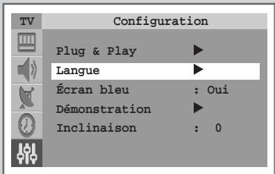 Configuration Plug & Play ▶ Langue ▶ Écran bleu : Oui Démonstration ▶ Inclinaison : 0