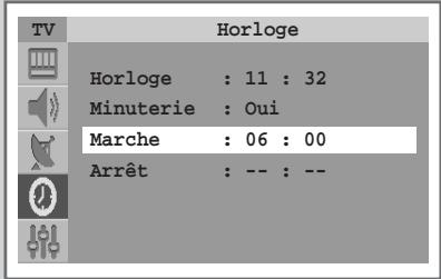 TV Horloge Horloge : 11 : 32 Minuterie : Oui Marche : 06 : 00 Arrêt : -- : --