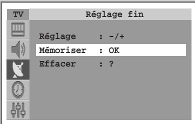 TV Réglage fin Réglage : -/+ Mémoriser : OK Effacer : ?
