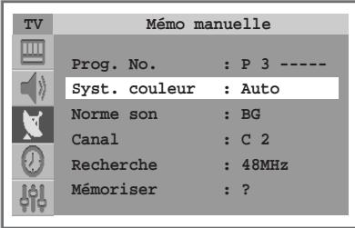 TV Mémo manuelle Prog. No. : P 3 ---- Syst. couleur : Auto Norme son : BG Canal : C 2 Recherche : 48MHz Mémoriser : ?