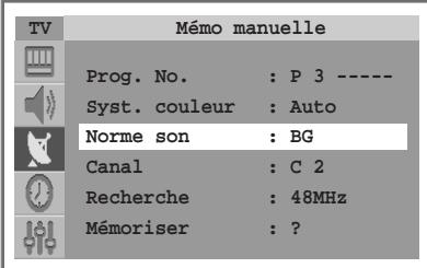 TV Mémo manuelle Prog. No. : P 3 ---- Syst. couleur : Auto Norme son : BG Canal : C 2 Recherche : 48MHz Mémoriser : ?