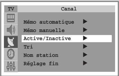 TV Canal Mémo automatique ▶ Mémo manuelle ▶ Active/Inactive ▶ Tri ▶ Nom station ▶ Réglage fin ▶
