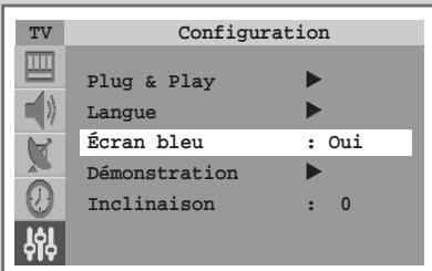 Configuration Plug & Play ▶ Langue ▶ Écran bleu : Oui Démonstration ▶ Inclinaison : 0