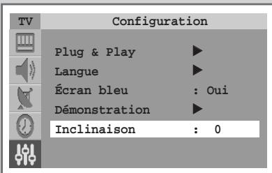 Configuration Plug & Play ▶ Langue ▶ Écran bleu : Oui Démonstration ▶ Inclinaison : 0