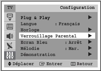TV Configuration Plug & Play Langue : Français Horloge Verrouillage Parental Ecran Bleu : Arrêt Mélodie : Mar. Démonstration Déplacer Entrer Retour