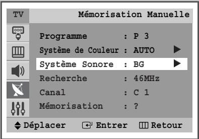 Mémorisation Manuelle Programme : P 3 Système de Couleur : AUTO ▶ Système Sonore : BG ▶ Recherche : 46MHz Canal : C 1 Mémorisation : ? Déplacer Entrer Retour