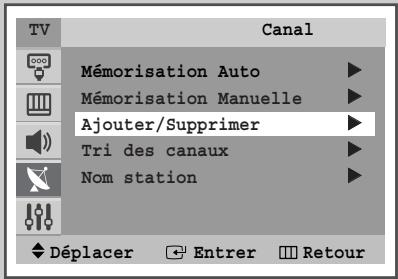 TV Canal Mémorisation Auto ▶ Mémorisation Manuelle ▶ Ajouter/Supprimer ▶ Tri des canaux ▶ Nom station ▶ Déplacer □ Entrer □ Retour