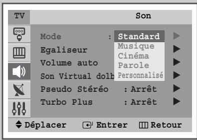 TV Son Mode : Standard Egaliseur Musique Volume auto Cinéma Son Virtual dolb Parole Personalisé Pseudo Stéréo : Arrêt Turbo Plus : Arrêt Déplacer Entrer Retour