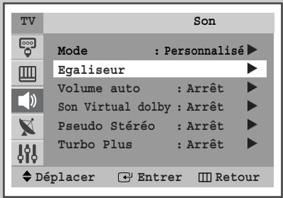 TV Son Mode : Personalisé ▶ Egaliseur ▶ Volume auto : Arrêt ▶ Son Virtual dolby : Arrêt ▶ Pseudo Stéréo : Arrêt ▶ Turbo Plus : Arrêt ▶ Déplacer Entrer Retour