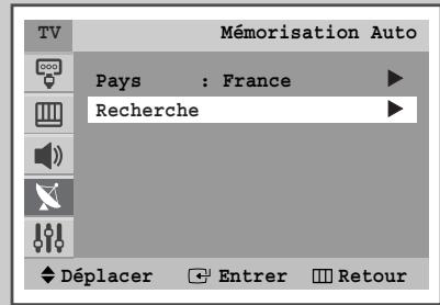 TV Mémorisation Auto Pays : France Recherche Déplacer Entrer Retour