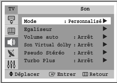 TV Son Mode : Personalisé ▶ Egaliseur ▶ Volume auto : Arrêt ▶ Son Virtual dolby : Arrêt ▶ Pseudo Stéréo : Arrêt ▶ Turbo Plus : Arrêt ▶ Déplacer Entrer Retour