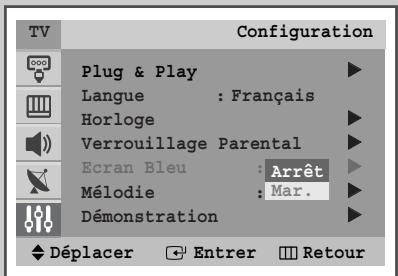 TV Configuration Plug & Play Langue : Français Horloge Verrouillage Parental Ecran Bleu : Arrêt Mélodie : Mar. Démonstration Déplacer Entrer Retour