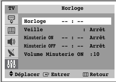 TV Horloge Horloge -- : -- Veille : Arrêt Minuterie ON -- : -- Arrêt Minuterie OFF -- : -- Arrêt Volume Minuterie ON :10 Déplacer Entrer Retour