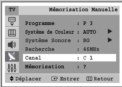 TV Mémorisation Manuelle Programme : P 3 Système de Couleur : AUTO ▶ Système Sonore : BG ▶ Recherche : 46MHz Canal : C 1 Mémorisation : ? Déplacer Enterer Retour
