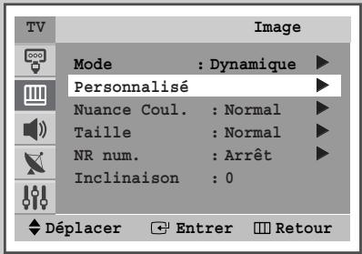 TV Image Mode : Dynamique ▶ Personnalisé ▶ Nuance Coul. : Normal ▶ Taille : Normal ▶ NR num. : Arrêt ▶ Inclinaison : 0 Déplacer Entrer Retour