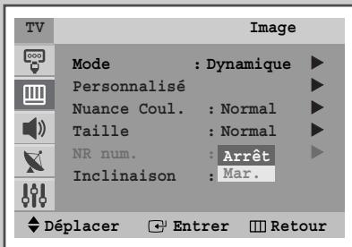 TV Mode : Dynamique ▶ Personnalisé ▶ Nuance Coul. : Normal ▶ Taille : Normal ▶ NR num. : Arrêt ▶ Inclinaison : Mar. Déplacer Entrer Retour