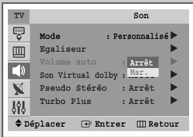 TV Son Mode : Personalisé ▶ Egaliseur ▶ Volume auto : Arrêt ▶ Son Virtual dolby : Mar. ▶ Pseudo Stéréo : Arrêt ▶ Turbo Plus : Arrêt ▶ Déplacer Entrer Retour