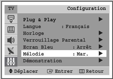 TV Configuration Plug & Play Langue : Français Horloge Verrouillage Parental Ecran Bleu : Arrêt Mélodie : Mar. Démonstration Déplacer Entrer Retour