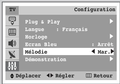 TV Configuration Plug & Play Langue : Français Horloge Ecran Bleu : Arrêt Mélodie Mar. Démonstration Déplacer Régler Retour