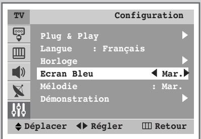 Configuration Plug & Play Langue : Français Horloge Ecran Bleu Mar. Mélodie : Mar. Démonstration Déplacer Régler Retour