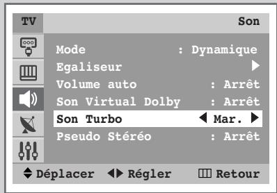 TV Mode : Dynamique Egaliseur ▶ Volume auto : Arrêt Son Virtual Dolby : Arrêt Son Turbo ← Mar. ► Pseudo Stéréo : Arrêt Déplacer ← Régler □ Retour