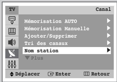 TV Canal Mémorisation AUTO Mémorisation Manuelle Ajouter/Supprimer Tri des canaux Nom station Plus Déplacer Enter Retour