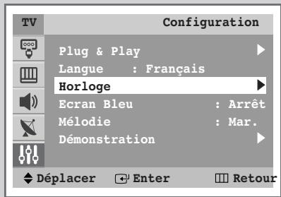Configuration Plug & Play Langue : Français Horloge Ecran Bleu : Arrêt Mélodie : Mar. Démonstration Déplacer Enter Retour