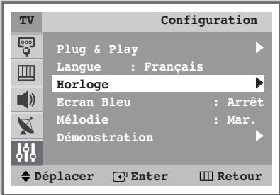 Configuration Plug & Play Langue : Français Horloge Ecran Bleu : Arrêt Mélodie : Mar. Démonstration Déplacer Enter Retour