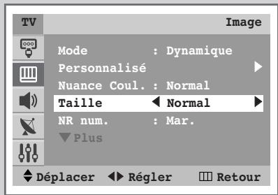 TV Image Mode : Dynamique Personnalisé Nuance Coul. : Normal Taille ← Normal NR num. : Mar. Plus Déplacer ← Régler Retour