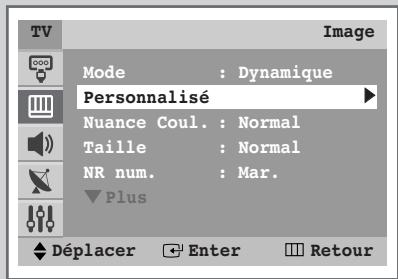 TV Mode : Dynamique Personnalisé Nuance Coul. : Normal Taille : Normal NR num. : Mar. Plus Déplacer Enter Retour