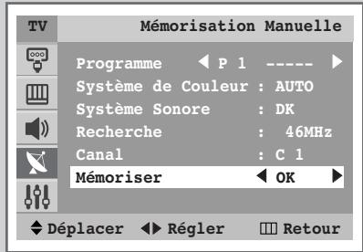 Mémorisation Manuelle Programme ◀ P 1 ---- ► Système de Couleur : AUTO Système Sonore : DK Recherche : 46MHz Canal : C 1 Mémoriser ◀ OK ► Déplacer ◀ Régler □ Retour