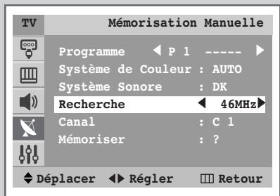 TV Mémorisation Manuelle Programme ◀ P 1 ---- ► Système de Couleur : AUTO Système Sonore : DK Recherche ◀ 46MHz ► Canal : C 1 Mémoriser : ? Déplacer ◀ Régler □ Retour