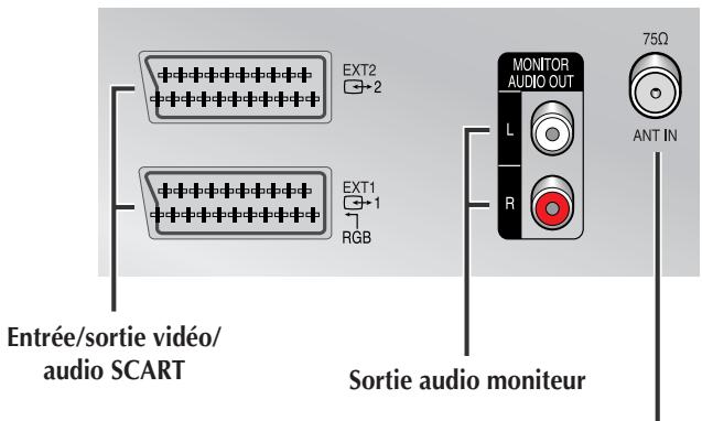 EXT2 +2 EXT1 +1 RGB MONITOR AUDIO OUT L R 75Ω ANT IN Entrée/sortie vidéo/ audio SCART Sortie audio moniteur