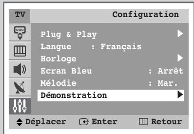 Configuration Plug & Play Langue : Français Horloge Ecran Bleu : Arrêt Mélodie : Mar. Démonstration Déplacer Enter Retour