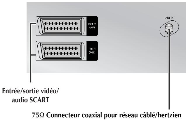 EXT 2 (AV) EXT 1 (RGB) ANT IN Entrée/sortie vidéo/ audio SCART 75Ω Connecteur coaxial pour réseau câblé/hertzien