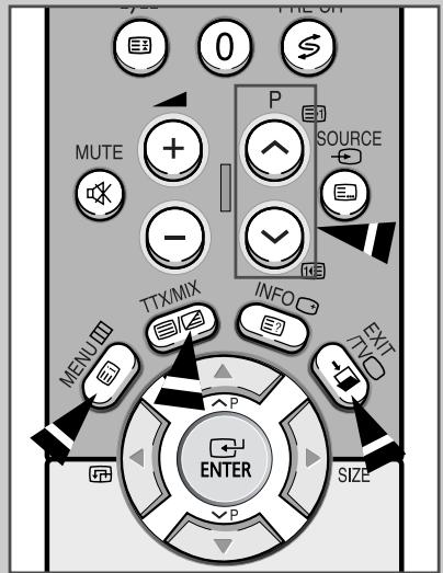 E3 0 $ MUTE + - TTXMIX INFO P SOURCE 1kS MENU EXIT TV0 P ENTER SIZE