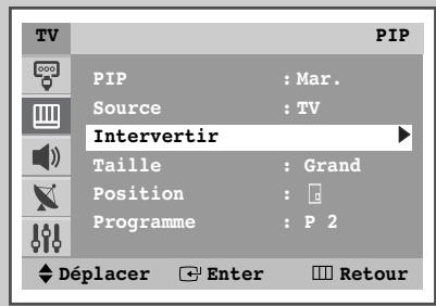 TV PIP PIP : Mar. Source : TV Intervertrir Taille : Grand Position : Programme : P 2 Déplacer Enter Retour