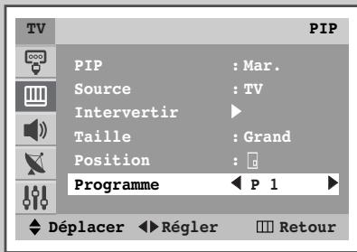TV PIP PIP : Mar. Source : TV Intervertrir Taille : Grand Position : Programme ◀ P 1 ▶ Déplacer ◀ Régler □ Retour