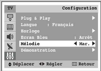 Configuration Plug & Play Langue : Français Horloge Ecran Bleu : Arrêt Mélodie Mar. Démonstration Déplacer Régler Retour