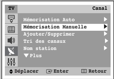 TV Canal Mémorisation Auto Mémorisation Manuelle Ajouter/Supprimer Tri des canaux Nom station Plus Déplacer Enter Retour