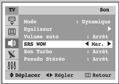 TV Son Mode : Dynamique Egaliseur ▶ Volume auto : Arrêt SRS WOW ← Mar. ► Son Turbo : Arrêt Pseudo Stéréo : Arrêt Déplacer ← Régler □ Retour