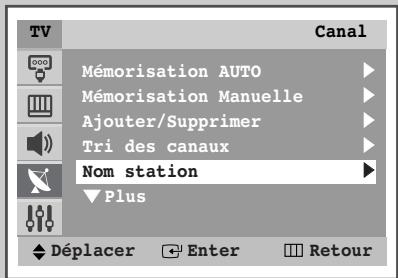 TV Canal Mémorisation AUTO Mémorisation Manuelle Ajouter/Supprimer Tri des canaux Nom station Plus Déplacer Enter Retour