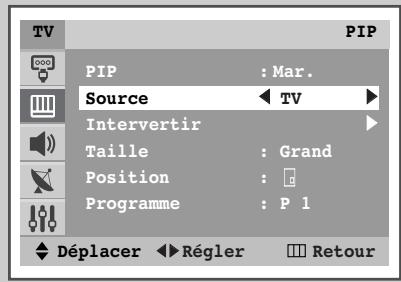 TV PIP PIP : Mar. Source ▼ TV ▶ Intervertrir Taille : Grand Position : □ Programme : P 1 Déplacer ▼ Régler □ Retour