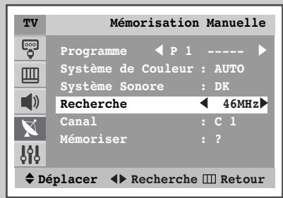 Mémorisation Manuelle Programme ◀ P 1 ---- ► Système de Couleur : AUTO Système Sonore : DK Recherche ◀ 46MHz► Canal : C 1 Mémoriser : ? Déplacer ◀ Recherche □ Retour